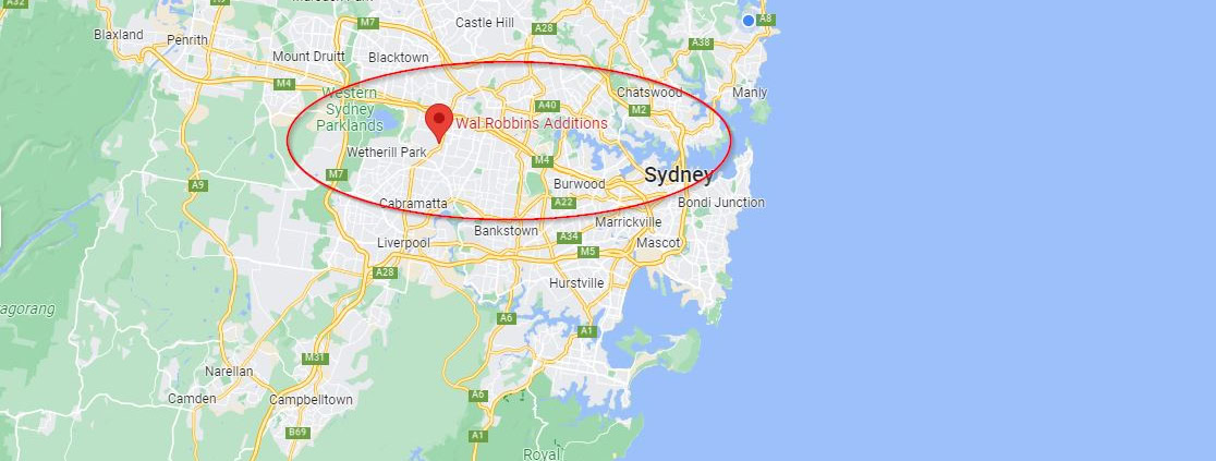 Map showing Sydney area with Wal Robbins Additions location highlighted.